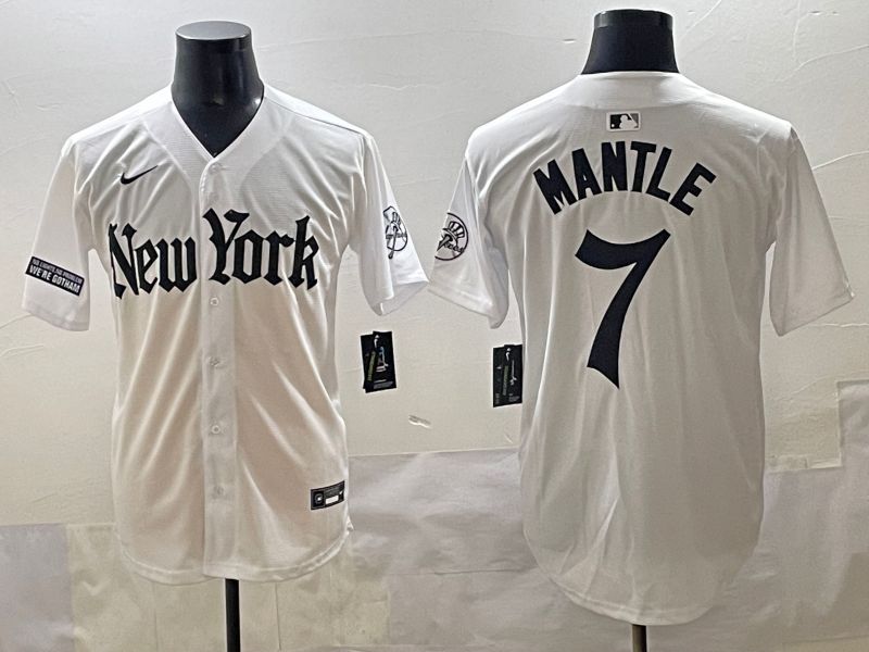 Men 2025 New York Yankees #7 Mantle White Five generations Joint Name Nike MLB Jersey style 12